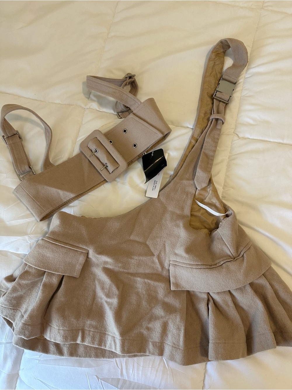 Beige Women's Fashion Belted Mini Skirt Top Set